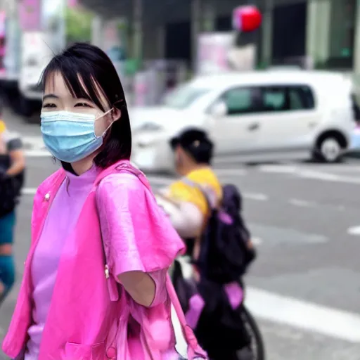 Prompt: taiwanese young woman wears pink medical mask, in the streets