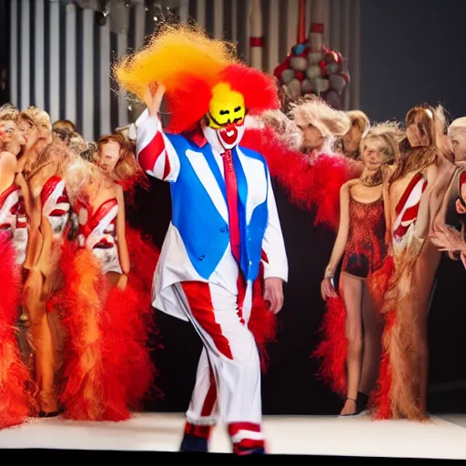 Image similar to cinematic shot of donald trump wearing a clown costume on a fashion show runway, 8 k, very detailed, very intricate,