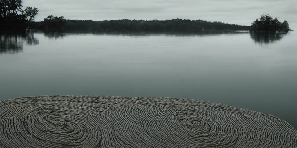 Prompt: centered photograph of a long thick single line of rope zig zagging snaking across the surface of the water into the distance, sandy foreground in front of rope floating submerged underwater rope stretching out towards the center of the lake, a dark lake on a cloudy day, color film, trees in the background, hyper - detailed photo, anamorphic lens