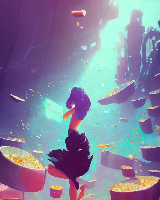 Prompt: shattered glass stylized grocery store, cracked obsidian geometric fantasy art, splattering black gold iridescent bubbly underwater scenery, greg rutkowski, loish, rhads, makoto shinkai, lois van baarle, ilya kuvshinov