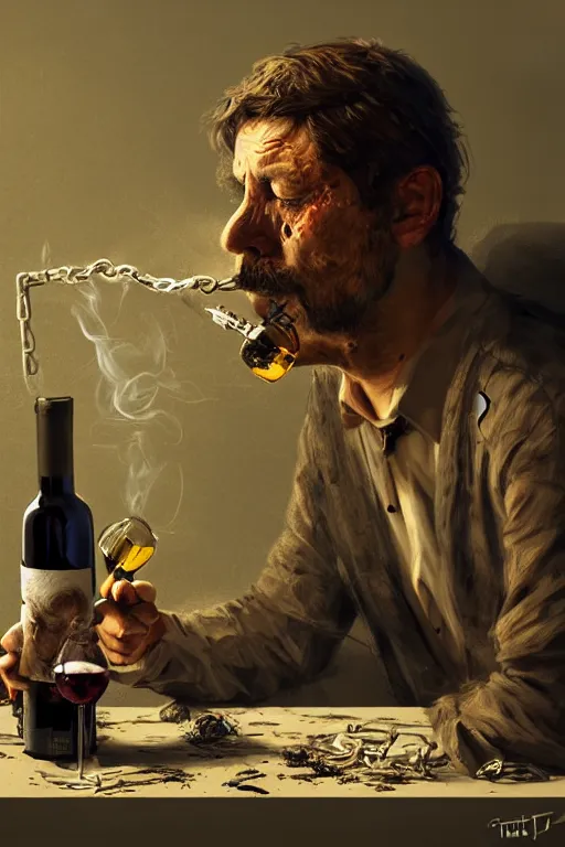 Prompt: dirty faced and very tired man looking pile smoking a winebottle, drugs, cigarrette boxes at the table, fantasy, intricate, elegant, highly detailed, digital painting, artstation, concept art, addiction, chains, smooth, sharp focus, illustration, art by Ilja Repin