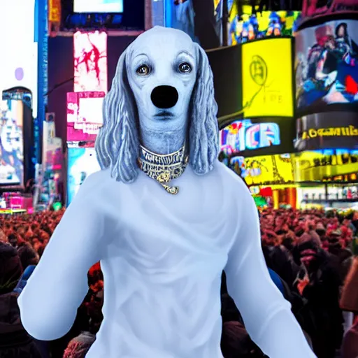 Image similar to realistic ice sculpture of snoop dog in times square, photorealistic, 8 k resolution, high detail