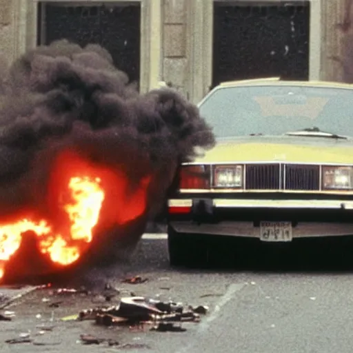 Image similar to film still, explosion of a 1980 car, in American Psycho