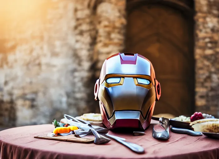 Image similar to a reflective steel engineering mask of ironman on table, medieval themed castle in golden afternoon light, professional food photography