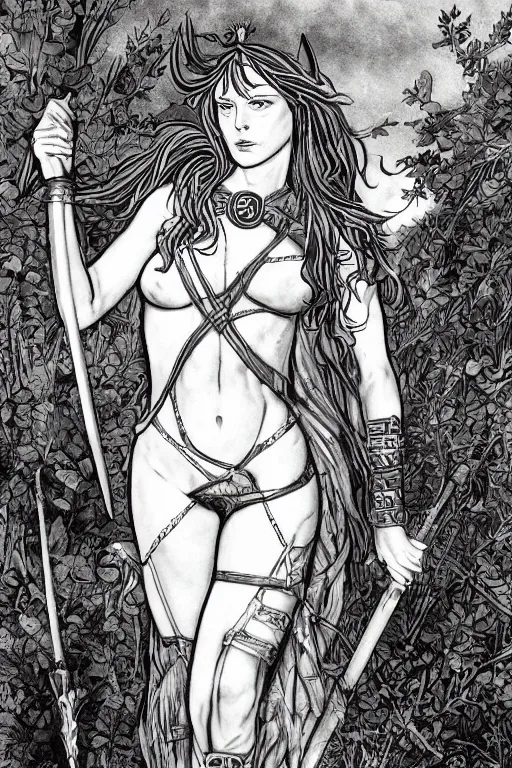 Image similar to boudica the barbarian queen, in a mixed style of Botticelli and Æon Flux, inspired by pre-raphaelite paintings and shoujo manga, a misty moor landscape in the background, hyper detailed, stunning inking lines, flat colors, 4K photorealistic