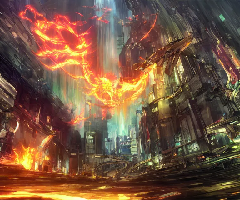 Prompt: neo tokyo, high fantasy, xenoblade chronicles, concept art, video game, phoenix flames