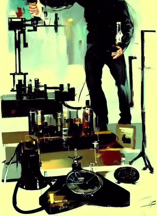 Prompt: zak bagans holding scientific equipment, enraged, painting by phil hale, 'action lines'!!!, graphic style, visible brushstrokes, motion blur, blurry