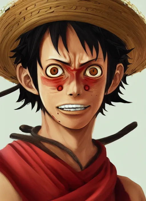 Image similar to a portrait of Monkey D Luffy if he was real, wearing a traditional samurai dress, intricate, highly detailed, digital painting, artstation, concept art, smooth, sharp focus, illustration, art by Charlie Bowater and Gustave Baumann, matte painting