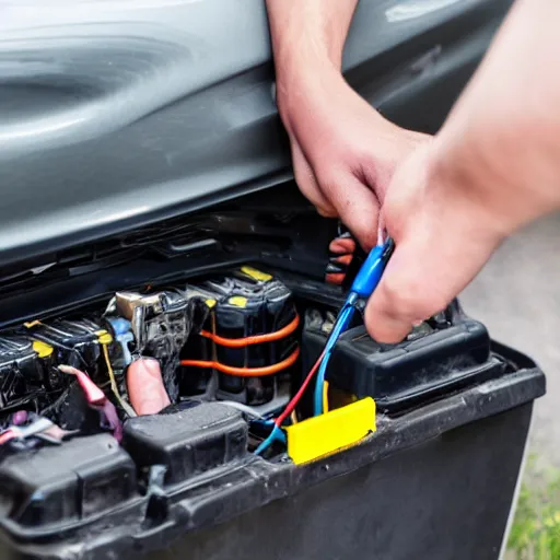 Prompt: a car battery shocks a man