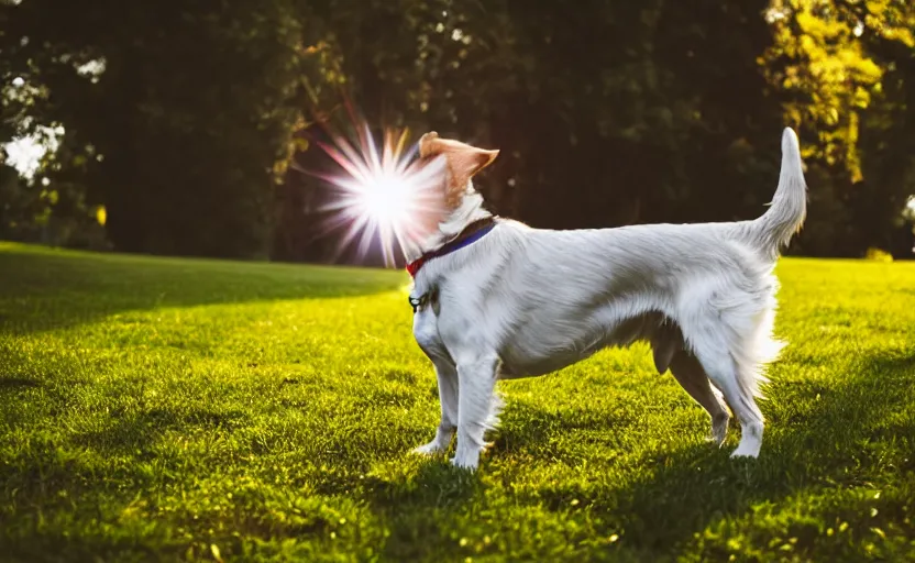 Image similar to portrait of a happy dog, natural light, lens flare