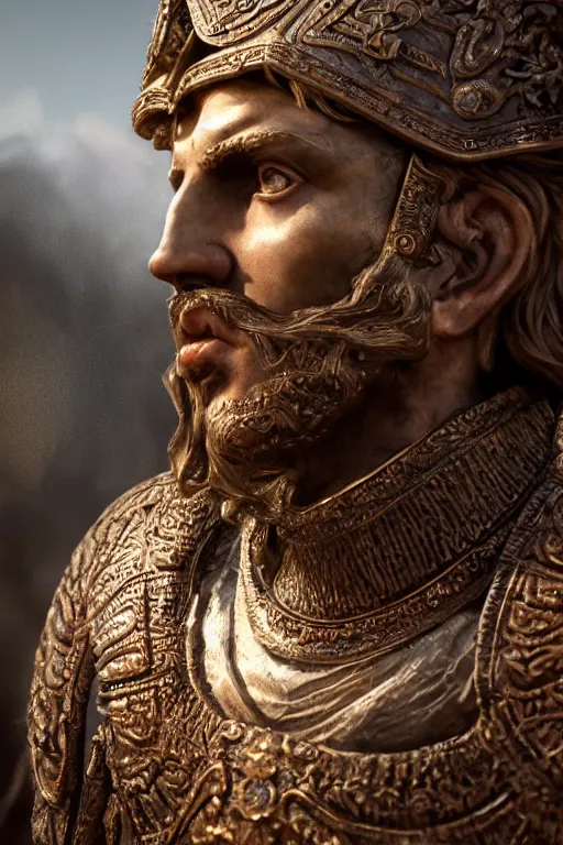 Prompt: a portrait of alexander the great, ancient roman setting, dynamic pose, close - up, intricate details, intricately detailed clothing, intricate textures, warm lighting, vivid colors, smoke and mist, realistic octane render, hyper realistic render, volumetric shading, depth of field, raytracing, 8 k,