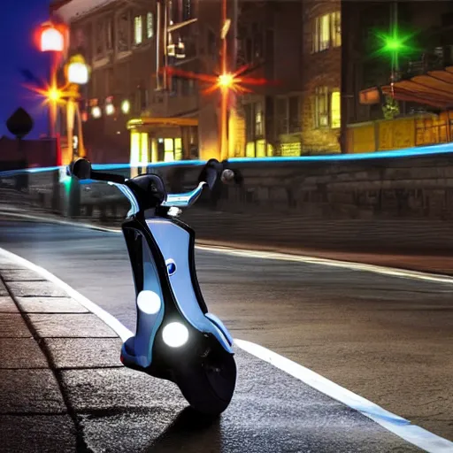 Prompt: a promotional photo of a police electric scooter with police lights on the handlebars