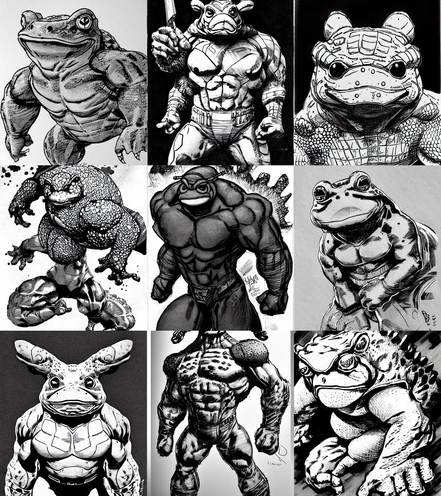 Prompt: toad animal!!! jim lee!!! close up shot!! flat grayscale ink sketch by jim lee close up in the style of jim lee, armored superhero hunter hulk toad animal looks at the camera by jim lee