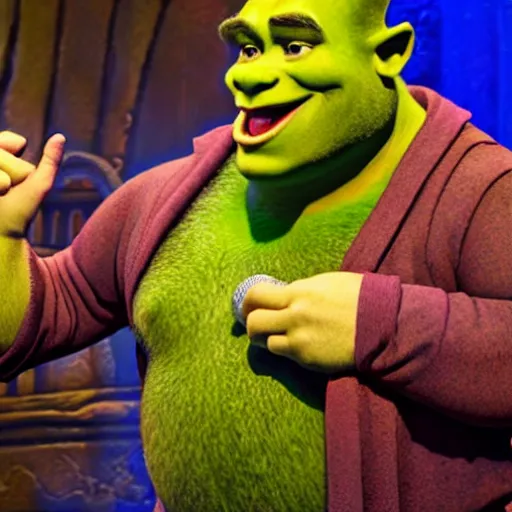 Image similar to shrek shouting into a handheld microphone on stage broadway promotional shot