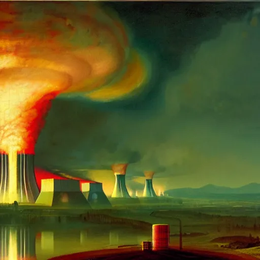 Image similar to A nuclear power plant in utopia by Simon Stålenhag and J.M.W. Turner, oil on canvas; Nuclear Fallout, Art Direction by Adam Adamowicz