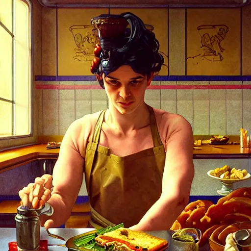 Image similar to the roman god of food, wearing a soiled apron, service short order food in a cyberpunk diner, intricate, headshot, highly detailed, digital painting, artstation, concept art, sharp focus, cinematic lighting, illustration, art by artgerm and greg rutkowski, alphonse mucha, cgsociety, edward hopper