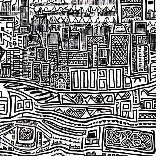 Image similar to aztec drawings of new york's skyline, mexico, 5 0 0 ad