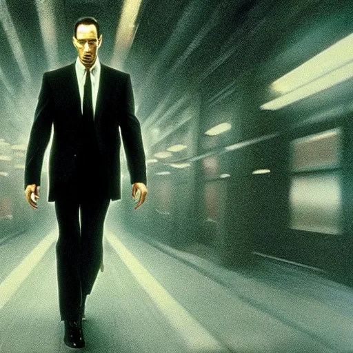 Prompt: A still image of Keanu Reeves as agent Smith in Matrix (1999)