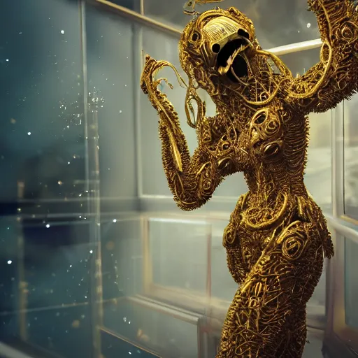 Prompt: a photo of 8k ultra realistic corrupted lovecraftian golden humanoid queen standing next to a spaceship window, 8 intricate white and gold tentacles, ornate white and gold armour, cinematic lighting, trending on artstation, 4k, hyperrealistic, focused, high details, unreal engine 5, cinematic, masterpiece