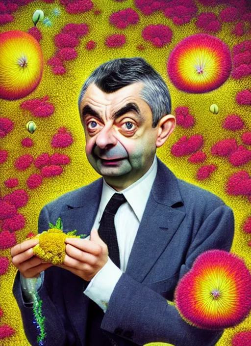 Image similar to hyper detailed 3d render like a Oil painting muted colors - slightly silly portrait of Rowan Atkinson as Mr. Bean in Aurora seen Eating of the Strangling network of yellowcake aerochrome and milky Fruit and Her delicate Hands hold of gossamer polyp blossoms bring iridescent fungal flowers whose spores black the foolish stars by Jacek Yerka, Mariusz Lewandowski, Houdini algorithmic generative render, Abstract brush strokes, Masterpiece, Edward Hopper and James Gilleard, Zdzislaw Beksinski, Nicoletta Ceccoli, Wolfgang Lettl, hints of Yayoi Kasuma, octane render, 8k