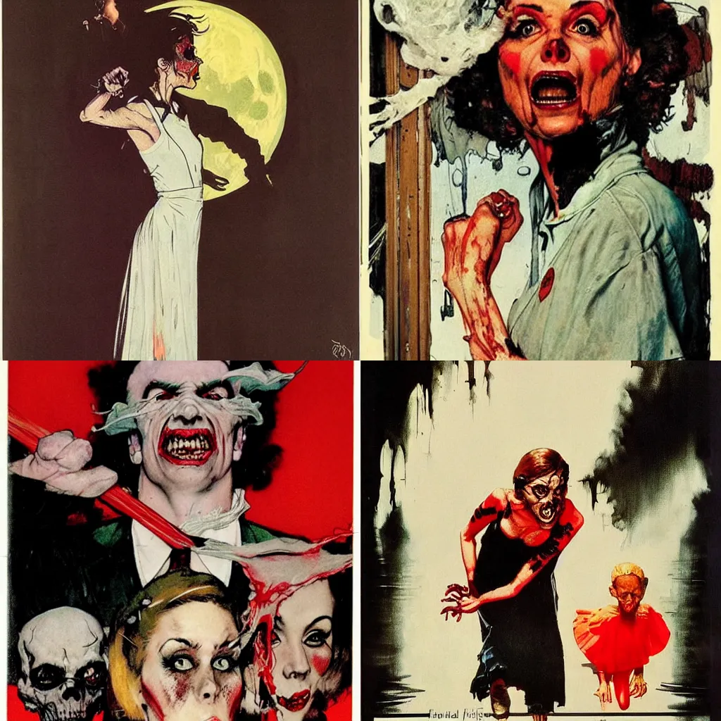 Prompt: style of Norman Rockwell and Rafael Albuquerque comic book art:: ghastly full face woman, scary horrible witch look on face, screaming angry:: extremely long nails, red:: female ghost with white dress:: floating over a lake:: night time, dark, full moon::2 scary terrifying horror::