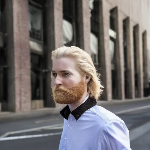 Image similar to face close up portrait photograph of a very tall, elegantly dressed, young, bearded, golden haired, pale white donald trump walking through the city