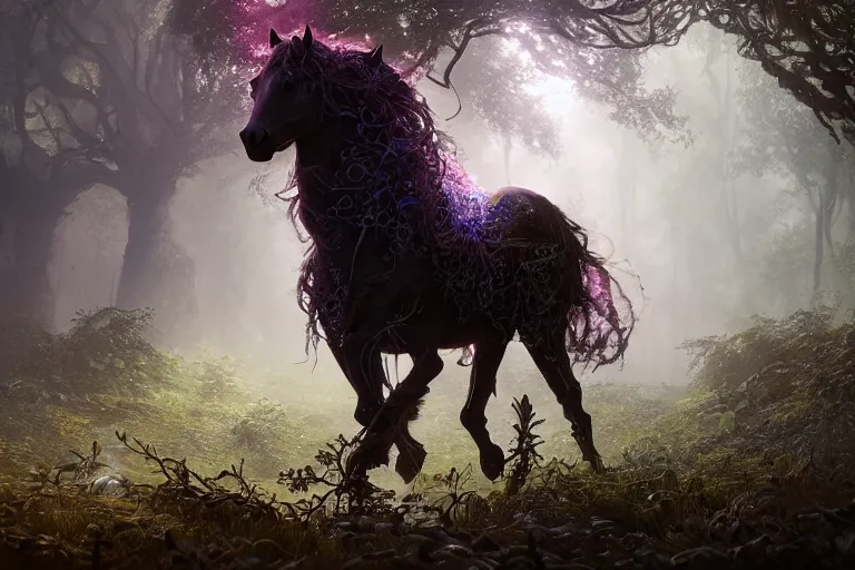 Image similar to a stunning horse with a thick mane of bioluminescent vines and flowers running through the woods by greg rutkowski, high key lighting, volumetric light, digital art, highly detailed, fine detail, intricate, ornate, complex, octane render, unreal engine, photorealistic