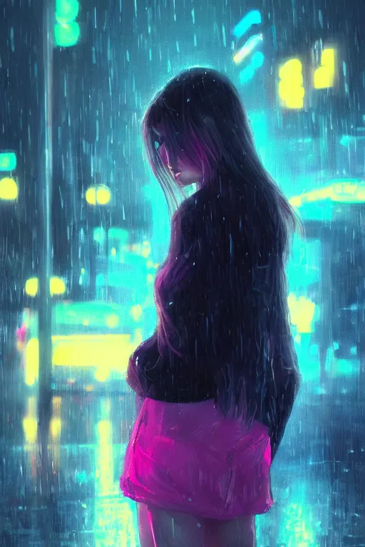 Image similar to cute girl in the rain, neon lights, by wlop, concept art, poster