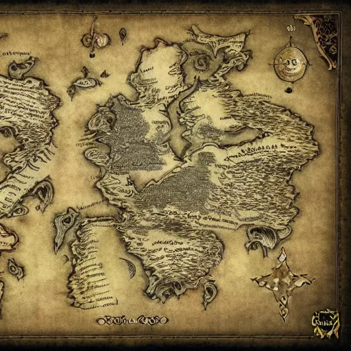 Prompt: fantasy world map, tolkien, george rr martin, old map