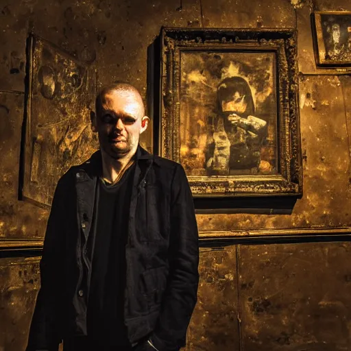 Prompt: night portrait of a neurotic forty two year old british man ( ( ( vampire ) ) ) feeling confidant in a grungy museum f / 1. 4 hdr