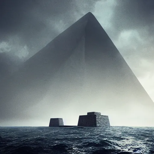 Prompt: brutalist pyramid fortress in the ocean, storm, highly realistic, octane render, ominous vibe, highly detailed, dark