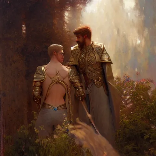 Image similar to attractive fully clothed king confesses his love for his attractive fully clothed male prince. highly detailed painting by gaston bussiere, craig mullins, tom bagshaw,