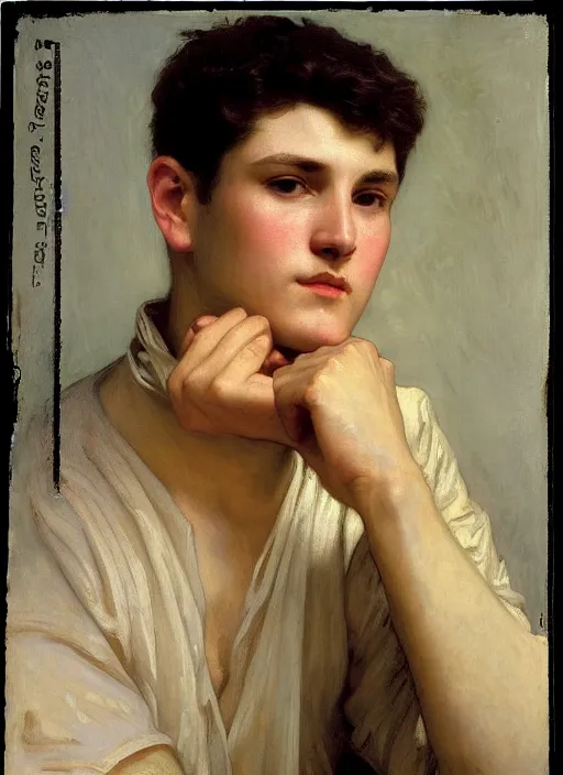 Image similar to closeup portrait of a handsome man, bouguereau : 1 0, leyendecker : 2 5, alma tadema : 1 0, john singer sargent : 1 5