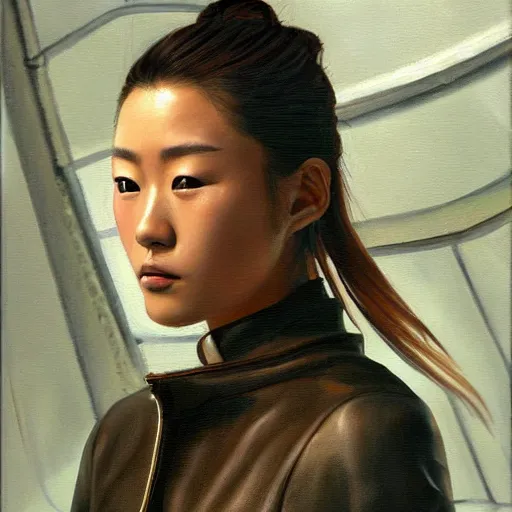 Image similar to perfect, realistic oil painting of close-up japanese young woman wearing leather jacket, in Dune Arrakis