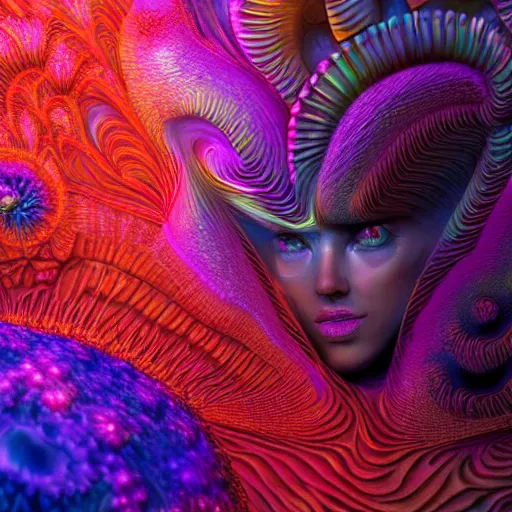 Image similar to Face of a Alien Deity, corals, plume made of fractals, extremly detailed digital painting, in the style of android jones, artwork of a futuristic artificial intelligence superstar, mystical colors, rim light, beautiful lighting, 8k, stunning scene, raytracing, octane, under water visual distortion, trending on artstation