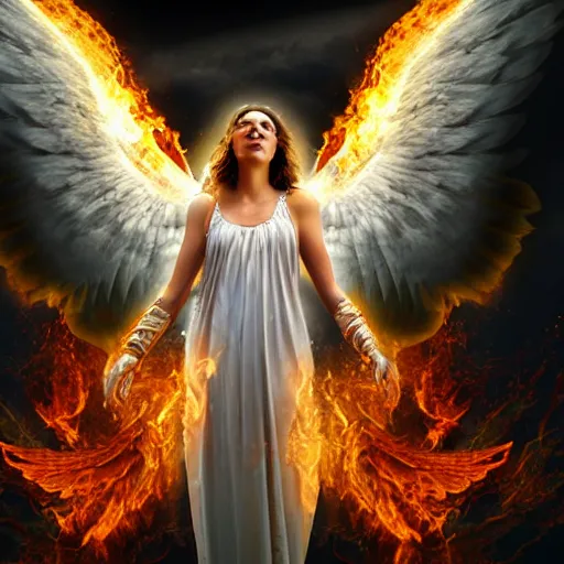 Prompt: epic portrait of an angel with flaming wings, flying in the sky