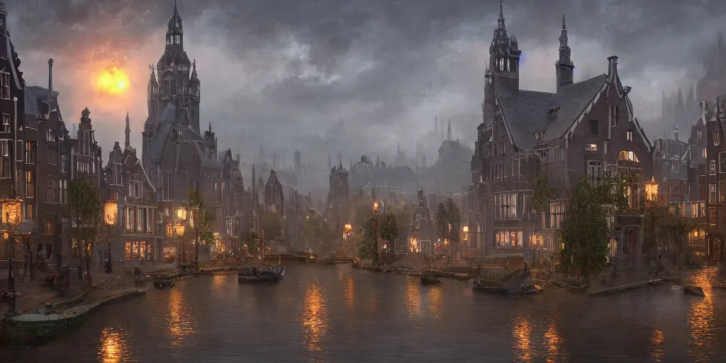 Prompt: a magical town inspired by victorian england and amsterdam, highly detailed, intricate, digital painting, trending on artstation, concept art, matte painting, art by greg rutkwowski, craig mullins, octane render, 8 k, unreal engine