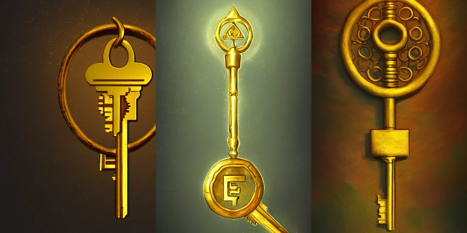 Prompt: Illustration of a golden key. Fantasy, digital painting, HD, 4k, detailed, artwork, bloom, lighting.