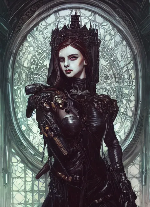 Prompt: portrait of beautiful pale gothic maiden, warhammer 40000, cyberpunk, intricate, elegant, highly detailed, digital painting, artstation, concept art, smooth, sharp focus, illustration, art by artgerm and greg rutkowski and alphonse mucha and Gustav Klimt and Ilya Kuvshinov and WLOP