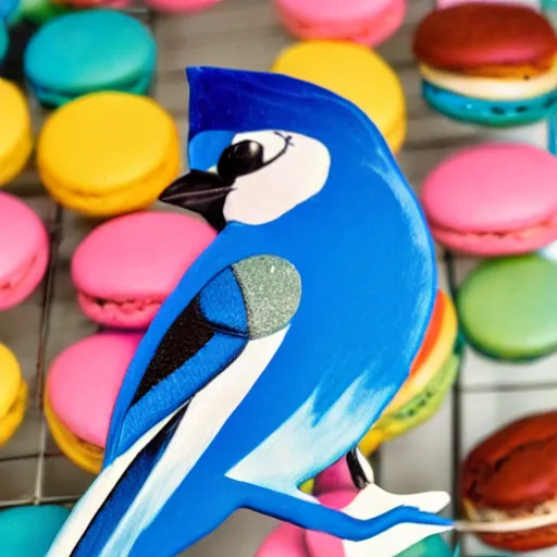 Image similar to A photograph of a (photorealistic blue jay) standing on a large basket of rainbow macarons.