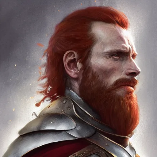 Prompt: king richard the lionheart, michael fassbender, armor, reddish hair, D&D, fantasy, portrait, highly detailed, digital painting, trending on artstation, concept art, sharp focus, illustration, art by artgerm and greg rutkowski and magali villeneuve