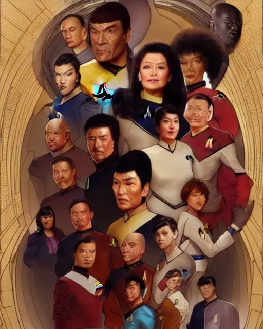 Image similar to Portrait of Star Trek TNG cast but they are chinese, real life skin, intricate, elegant, highly detailed, artstation, concept art, smooth, sharp focus, art by artgerm and greg rutkowski and alphonse mucha