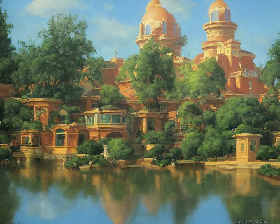 Image similar to an achingly beautiful oil painting of EPCOT by Raphael and Hopper.