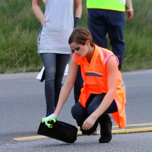 Image similar to emma watson in a hi vis vest picking up trash on the side of the interstate. paparazzi photo,