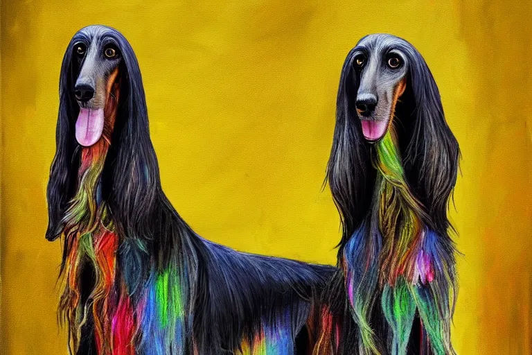 Image similar to a painting of a afghan hound portrait, in the style of artur bordalo, digital art, muted colors