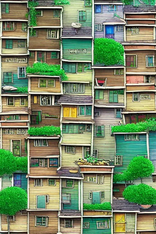 Image similar to stacked houses, solarpunk, studio ghibli