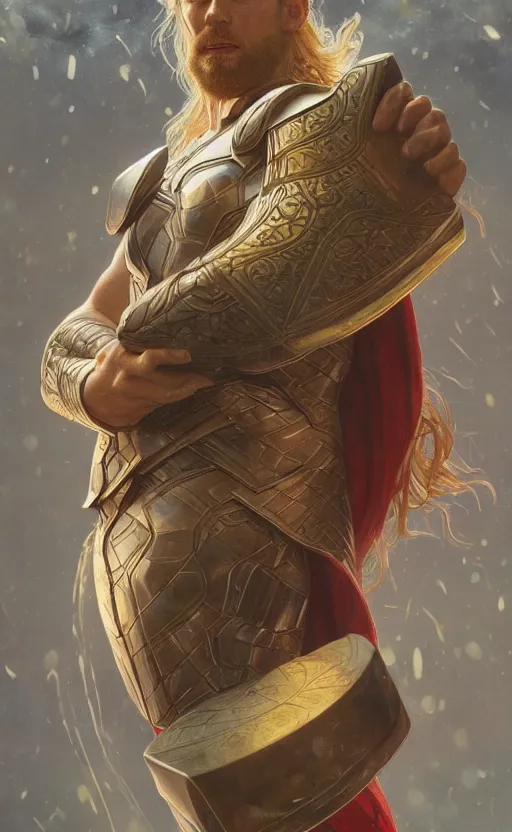 Image similar to portrait of thor, norse mythology, god, mjolnir, intricate, headshot, highly detailed, digital painting, artstation, concept art, sharp focus, cinematic lighting, illustration, art by artgerm and greg rutkowski, alphonse mucha, cgsociety