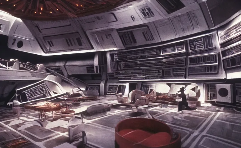 Prompt: cinematic still image a lavish imperial empire mid century design room scene from 1 9 8 0 s empire strikes back, 3 5 mm imax, moody iconic scene, action scene, beautiful detailed scene, color kodak, directed by george lucas