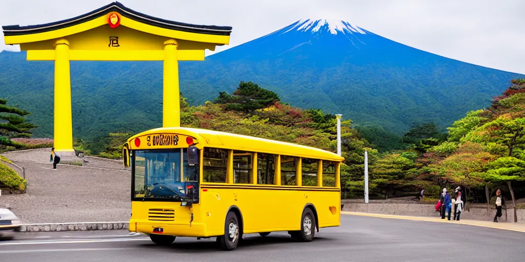 Image similar to Yellow school bus, driving towards a red japanese Torii gate at Mount Fuji location in Japan, ray tracing