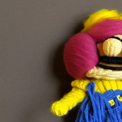 Image similar to a doll of wario made out of yarn